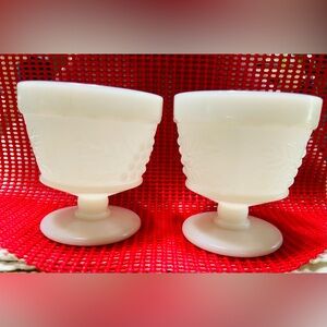 vintage milk glass dessert dishes on pedestal, grape 🍇 pattern. Matching pair.